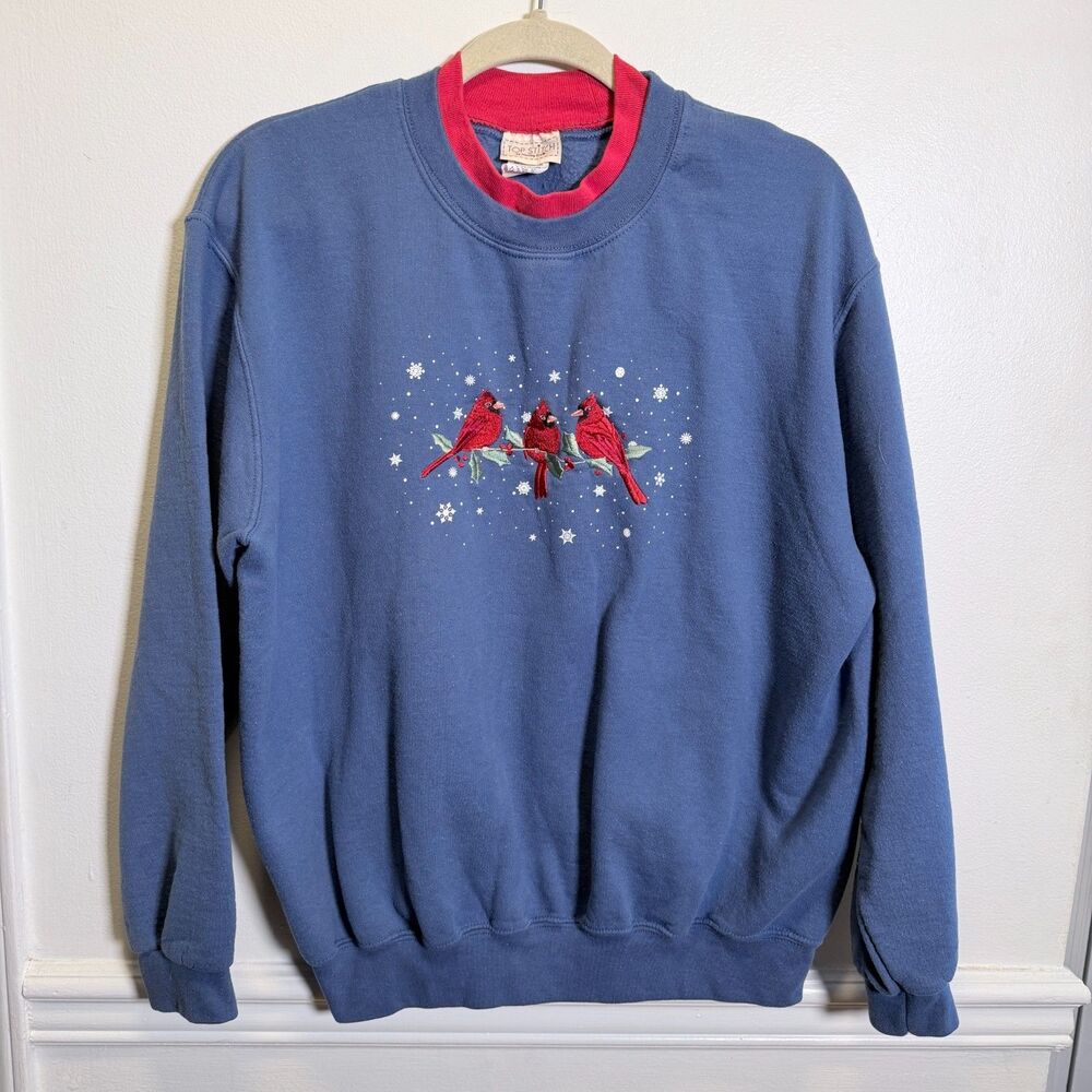 Top Stitch Morning Sun 1X Blue Cardinal Embroidered Sweatshirt Christmas Cottage